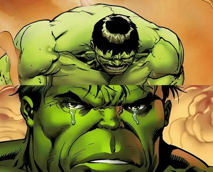 A two panel meme of the Hulk, top panel he is shying away, second he is looking at you with teary eyes.