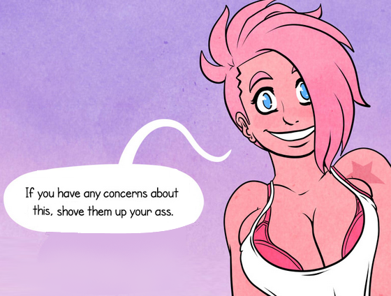 A reaction image of a woman smiling to the viewer, saying 'If you have any concerns of this, please shove them up your ass'