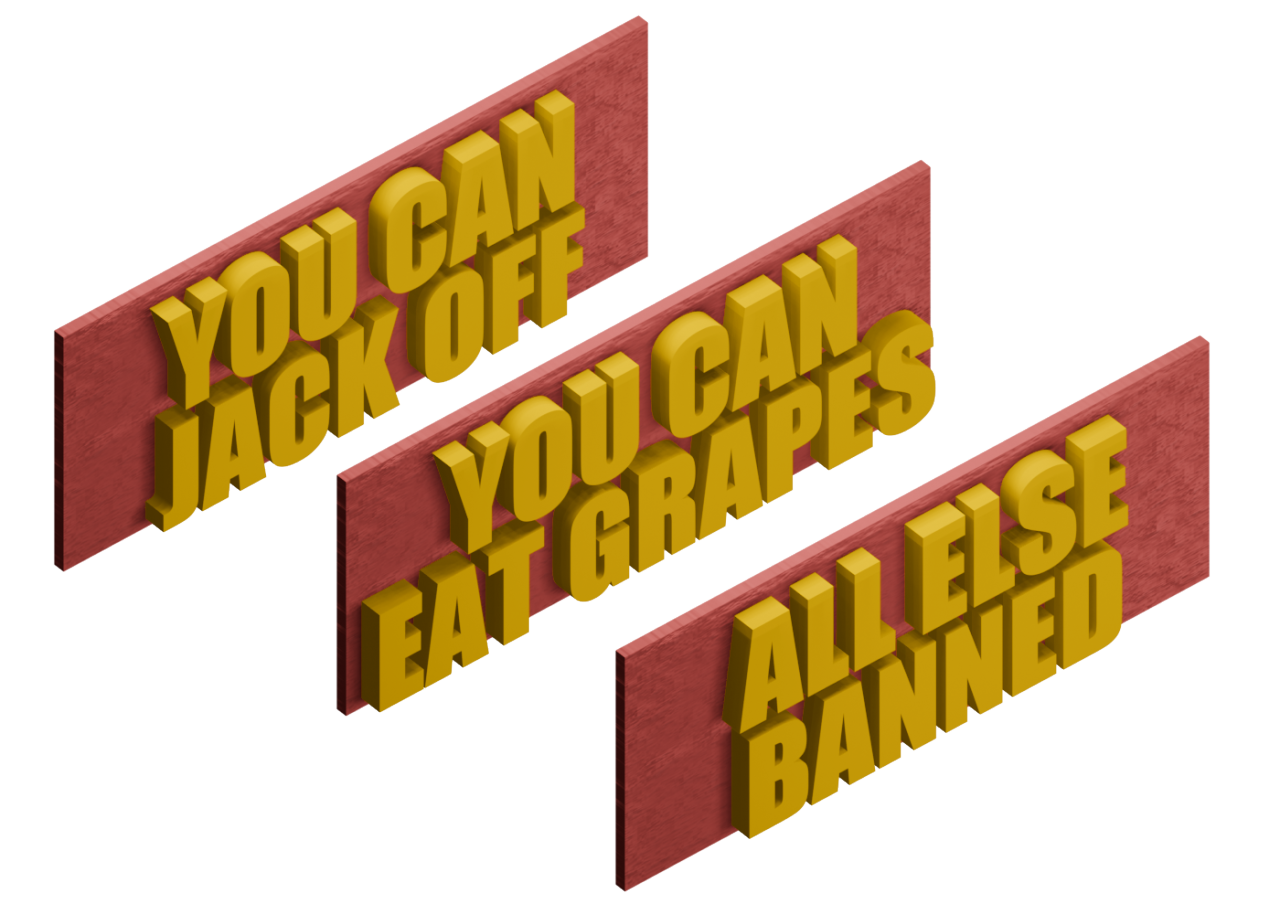 Signs saying 'You can jerk off, you can eat grapes, all else banned'